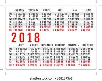 Pocket calendar 2018 year. Grid template vector illustration