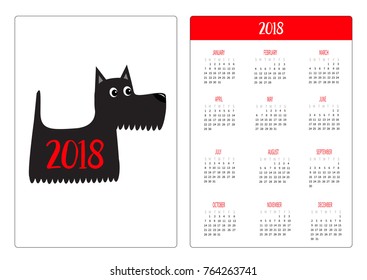 Pocket calendar 2018 year. Week starts Sunday. Scottish terrier black dog. Scottie puppy. Cute cartoon character. Pet animal collection. Adopt concept. Flat design White background Vector illustration