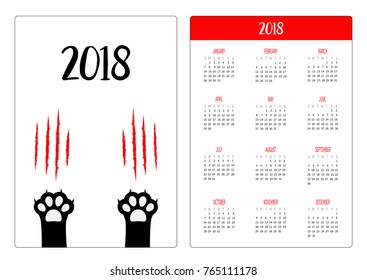 Pocket calendar 2018 year. Week starts Sunday. Black cat scratching paw print leg foot. Bloody claws animal red scratch scrape track. Cute cartoon character. Flat design. White background. Vector