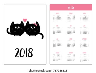 Pocket calendar 2018 year. Week starts Sunday. Round black cat icon. Love family couple. Boy Girl Cute cartoon character. Pink heart. Kitty kitten Baby pet collection. White background. Flat Vector
