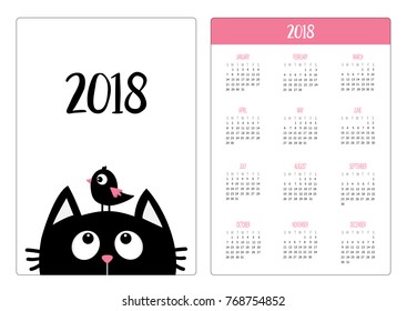 Pocket calendar 2018 year. Week starts Sunday. Black cat face head silhouette looking up to bird. Cute cartoon character. Kawaii animal. Baby pet collection. Flat design. White background. Vector
