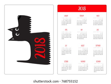 Pocket calendar 2018 year. Week starts Sunday. Scottish terrier black dog. Scottie puppy. Cute cartoon character. Pet animal collection. Adopt concept. Flat design. Isolated. White background. Vector