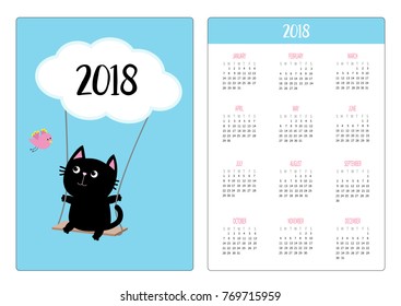 Pocket calendar 2018 year. Week starts Sunday. Cat ride on the swing. Cloud shape. Flying bird. Cute cartoon character. Baby pet collection. Love card. Flat design. Blue sky background. Vector