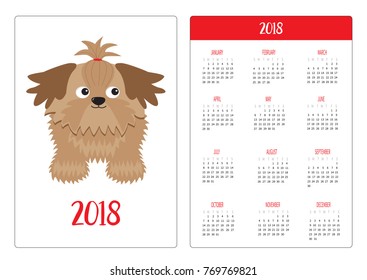 Pocket calendar 2018 year. Week starts Sunday. Flat design Vertical orientation Template. Little glamour tan Shih Tzu dog. Isolated. White background. Vector illustration.