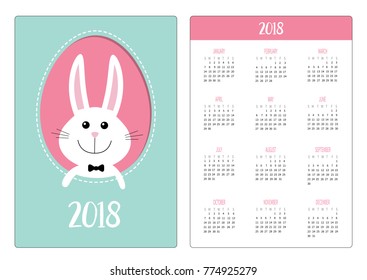 Pocket calendar 2018 year. Week starts Sunday. Happy Easter. Smiling bunny rabbit hare inside painted egg frame window. Bow tie accessory. Cute cartoon character. Blue background. Flat design. Vector