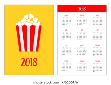 Pocket calendar 2018 year. Week starts Sunday. Popcorn icon. Cinema sign symbol in flat design style. Paper red white lined striped box package. Yellow background. Vector illustration
