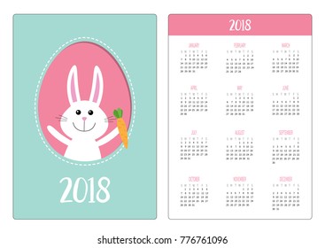 Pocket calendar 2018 year. Week starts Sunday. Happy Easter. Bunny rabbit hare holding carrot inside egg frame window. Dash line. Cute cartoon character. Blue background. Flat design. Vector