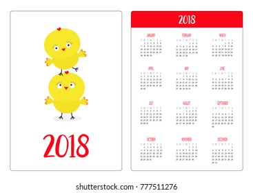 Pocket calendar 2018 year. Week starts Sunday. Chicken pyramid family set. Farm animal. Happy Easter. Cute cartoon funny character. Baby chick bird friends. White background. Flat design. Vector