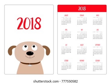 Pocket calendar 2018 year. Week starts Sunday. Dog face. Pet adoption. Puppy pooch looking up. Adopt me. Dont buy. Flat design. Help homeless animal. Cute cartoon character. White background. Vector