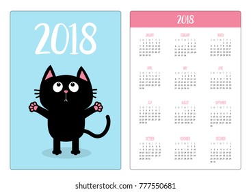 Pocket calendar 2018 year. Week starts Sunday. Black cat looking up ready for a hugging. Open hand paw. Kitty reaching for a hug. Cute cartoon character. Pet collection. Flat Blue background. Vector