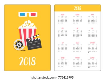 Pocket calendar 2018 year. Week starts Sunday. 3D paper red blue glasses. Open clapper board Movie reel Popcorn Cinema Movie icon set. Flat design style. Yellow background. Vector illustration