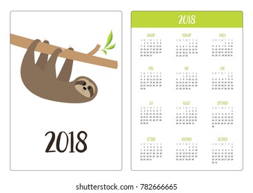 Pocket calendar 2018 year. Week starts Sunday. Sloth hanging on tree branch . Cute cartoon character. Wild jungle animal collection. Baby education. Isolated. White background. Flat design Vector