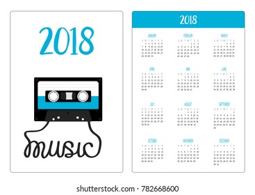 Pocket calendar 2018 year. Week starts Sunday. Plastic audio tape cassette with tape word Music. Retro icon. Recording element. 80s 90s years. Blue color. Flat design. White background. Vector