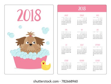 Pocket calendar 2018 year. Week starts Sunday. Little glamour tan Shih Tzu dog taking a bubble bath. Yellow duck bird toy. Cute cartoon baby character. Flat design White background Vector illustration