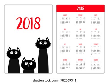 Pocket calendar 2018 year. Week starts Sunday. Three black cat set looking up. Friends forever. Cute cartoon character. Kawaii animal. Love card. Flat design. White background. Vector illustration