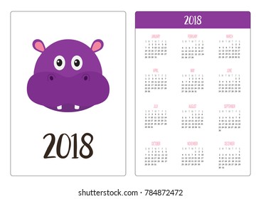 Pocket calendar 2018 year. Week starts Sunday. Hippopotamus head face. Cute cartoon character hippo. Violet behemoth river-horse icon. Baby animal collection. Flat design. White background. Vector