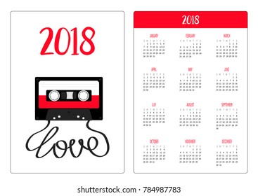 Pocket calendar 2018 year. Week starts Sunday. Plastic audio tape cassette with tape word love. Retro music icon. Recording element. 80s 90s years. Red color. Flat design. White background. Vector