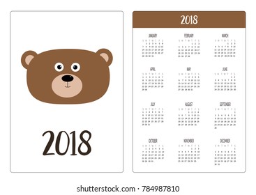 Pocket calendar 2018 year. Week starts Sunday. Bear grizzly big head face. Cute cartoon funny character. White background Vector illustration