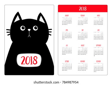 Pocket calendar 2018 year. Week starts Sunday. Black cat body. Cute cartoon funny character. Kawaii animal. Love pet. Flat design style. White background. Isolated. Vector illustration