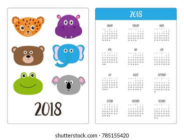 Pocket calendar 2018 year. Week starts Sunday. Jaguar, hippopotamus, elephant, bear, frog, koala. Zoo animal head face. Cute cartoon character set. Baby children education Flat White background Vector