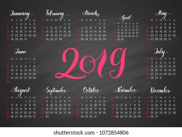 Pocket calendar, 2019, in dark colors, lettering. Convenient organizer for business people and so on. Vector illustration of menology