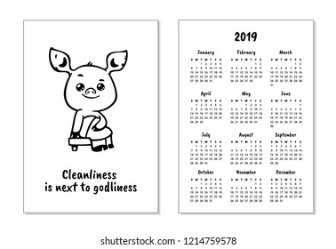 Pocket calendar 2019 with pig. "Cleanliness is next to godliness" - inspirational quote, motivation. Vector illustration for prints, posters, calendars, t-shorts and postcards.