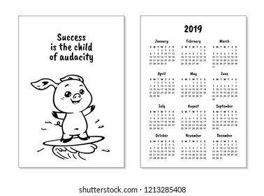 Pocket calendar 2019 with pig. "Success is the child of audacity" - inspirational quote, motivation. Vector illustration for prints, posters, calendars, t-shorts and greeting 