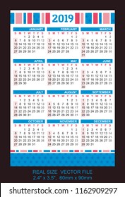 Pocket Calendar 2019,  start on Sunday, vector
SIZE: 2.4" x 3.5",  60mm x 90mm