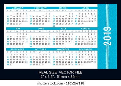 Pocket calendar 2019, start on Sunday, vector
SIZE: 2" x 3.5", 51mm x 89mm
