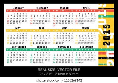 Pocket calendar 2019, start on Sunday, vector
SIZE: 2" x 3.5", 51mm x 89mm