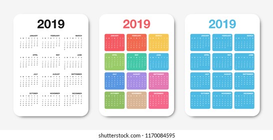 Pocket calendar 2019 template. Colorful compact calendar design for planner or scheduler. Vector