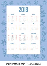 Pocket calendar for 2019. Vector format, bright colors.