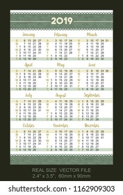 Pocket Calendar 2019, vector, start on Sunday
VECTOR SIZE: 2.4" x 3.5",  60mm x 90mm