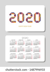 Pocket Calendar 2020 with colorful decorative figures on white background. Happy new year modern design template. Week starts on Monday.