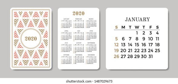 Pocket Calendar 2020 with decorative winter holidays pattern. Vector design template. Week starts on Sunday.