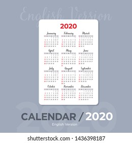 Pocket calendar for 2020. English Version. Basic grid.