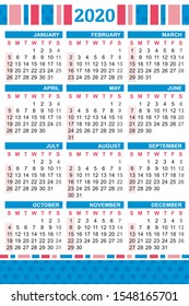 Pocket Calendar 2020, start on Sunday, vector