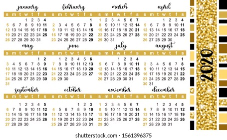 Pocket calendar 2020, start on Sunday, vector. Decoration of gold texture. SIZE: 2" x 3.5", 51mm x 89mm