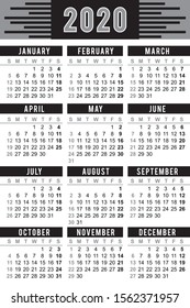 Pocket calendar 2020, start on Sunday, vector. Black color
SIZE: 2.4" x 3.5",  60mm x 90mm