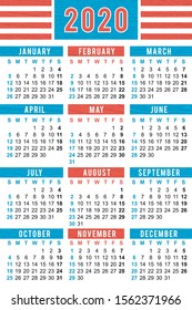 Pocket calendar 2020, start on Sunday, vector
SIZE: 2,4" x 3,5",  60mm x 90mm