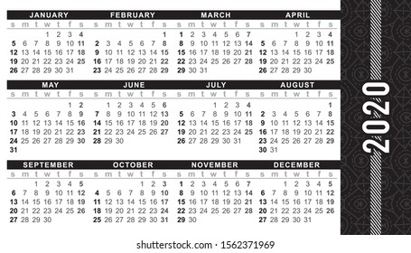 Pocket calendar 2020, start on Sunday, vector.
SIZE: 2" x 3.5", 51mm x 89mm