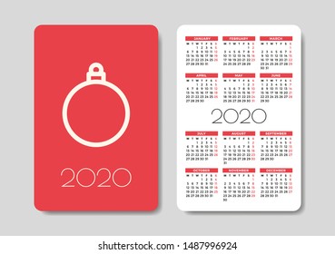 Pocket Calendar 2020 with winter holidays pictogram - Christmas ball. Happy new year. Modern vector design template. Week starts on Monday.