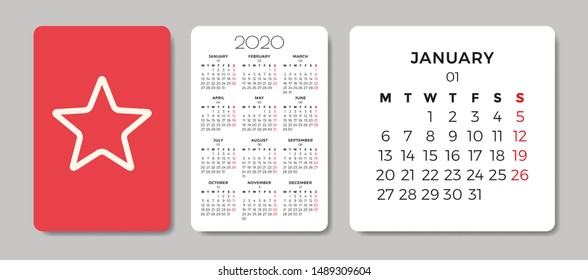 Pocket Calendar 2020 with winter holidays pictogram - Star. Happy new year. Modern vector design template. Week starts on Monday.