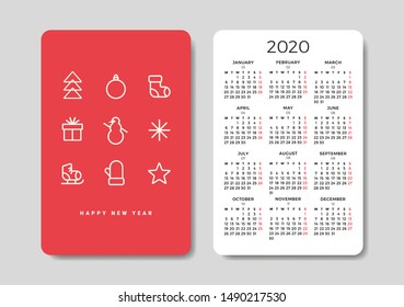 Pocket Calendar 2020 with winter holidays line icons. Happy new year. Modern vector design template. Week starts on Monday.