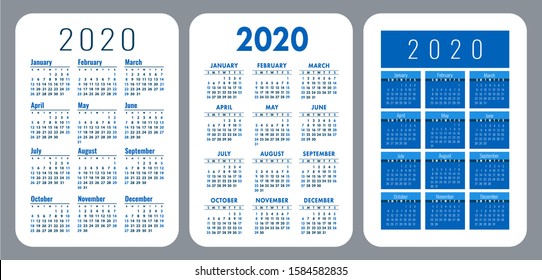 Pocket calendar 2020 year set. Vector design collection. Color English calender. Basic grid template for print. Week starts on Sunday