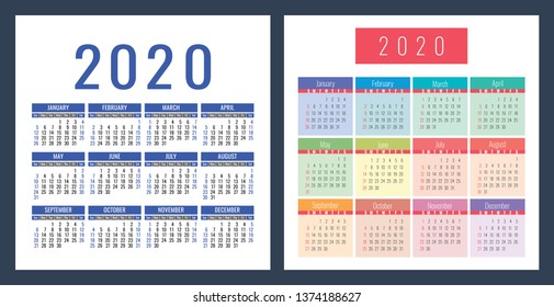 Pocket calendar 2020 year. Vector calender design template. Colorful set. Week starts on Sunday