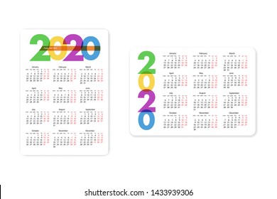 Pocket Calendar for 2020 year vector illustration. Basic grid colorful design. Organizer template in black, blue and red colors, Business planner, organizer with color text and numbers layout