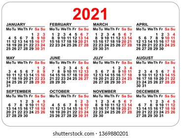 Pocket calendar 2021 grid template isolated on white. Vector illustration