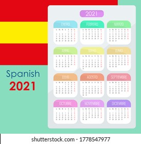 Pocket calendar for 2021. One board with 12 months in colorful and pastel colors. Rounded edges. Vertical layout. Vector illustration. Free, copy space. Mini calendar template. Spanish, starts monday.