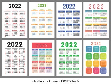 Pocket calendar 2022. Portrait orientation. English colorful vector set. Vertical template. Design collection. Week starts on Sunday